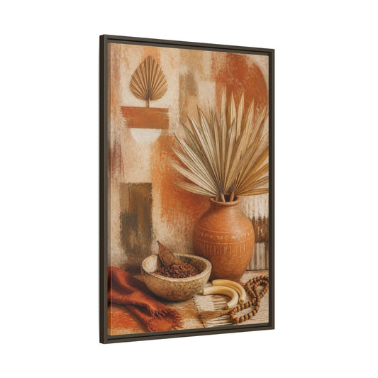 Main Mockup. Boho Palm Clay Vase shown as framed canvas print