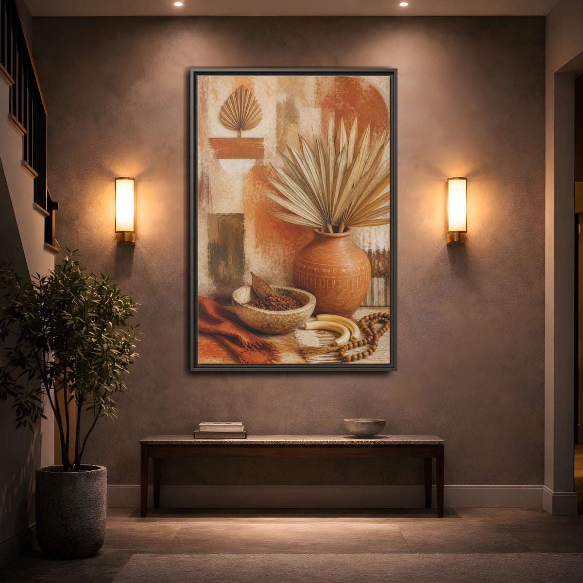 Mockup 2. Boho Palm Clay Vase shown as framed canvas print