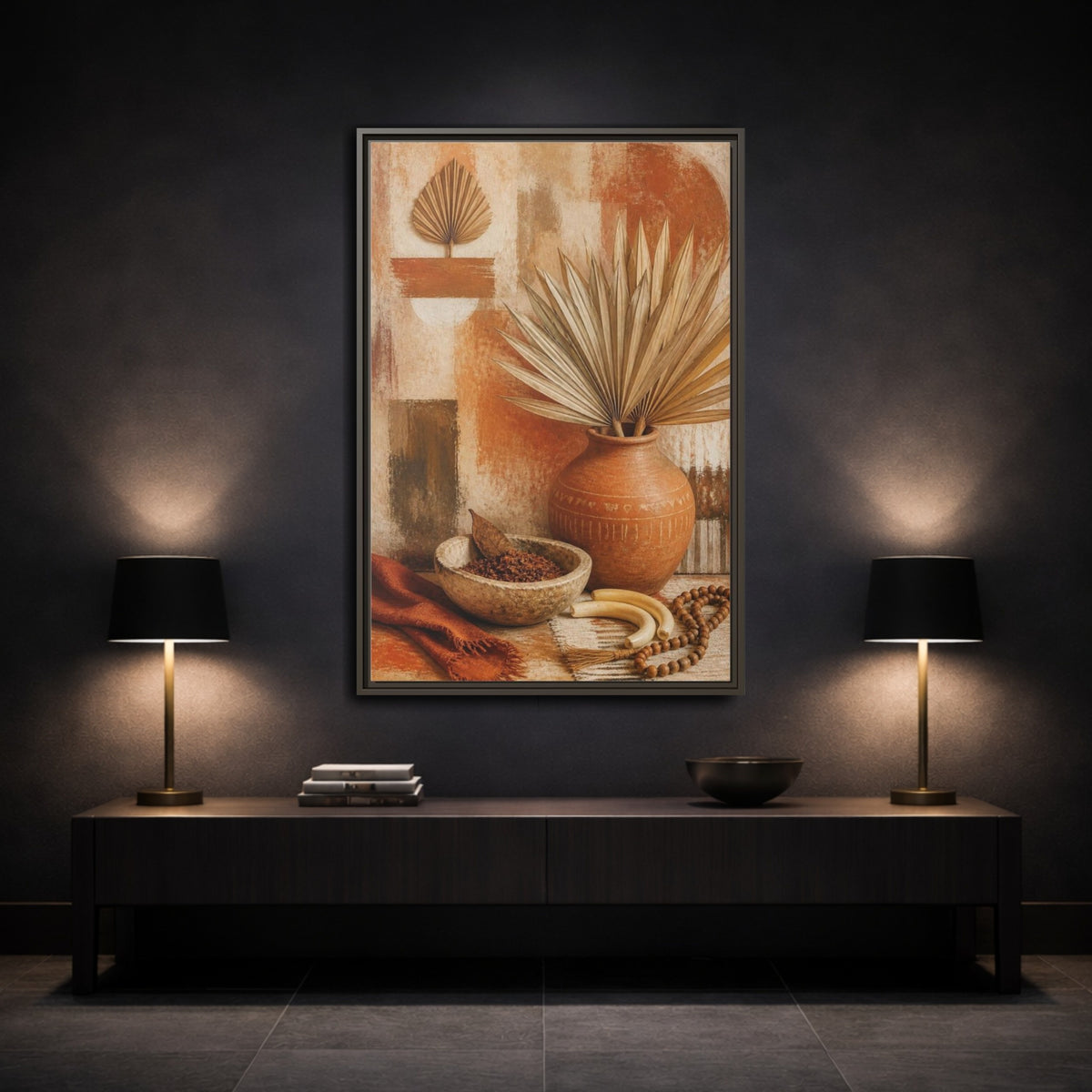 Mockup 3. Boho Palm Clay Vase shown as framed canvas print