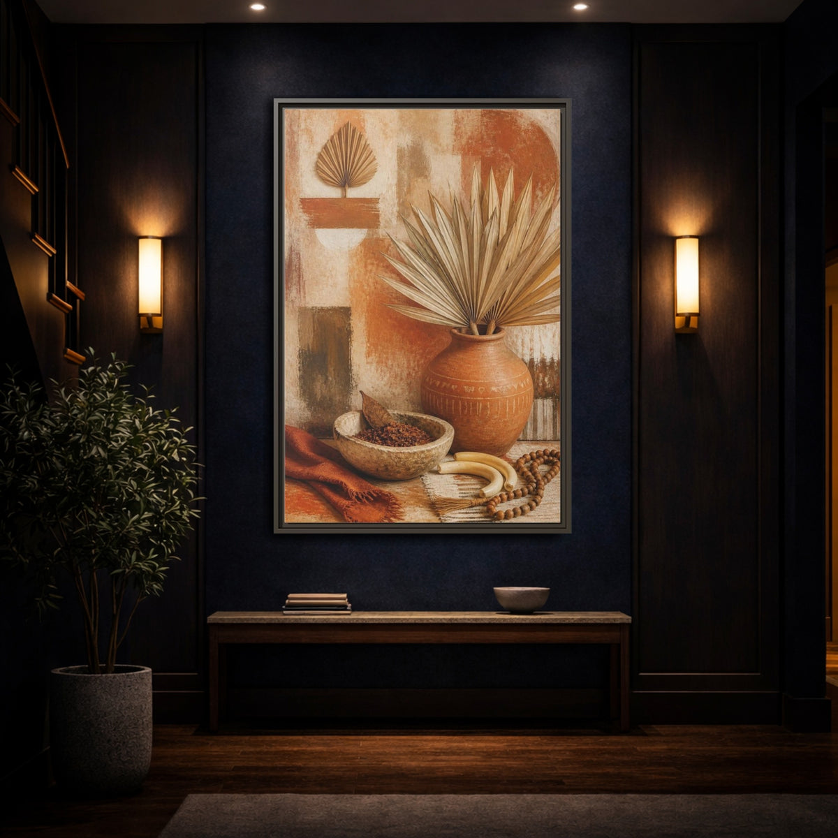Mockup 4. Boho Palm Clay Vase shown as framed canvas print