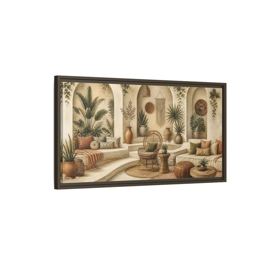 Main Mockup. Boho Rattan Seating Nook shown as framed canvas print
