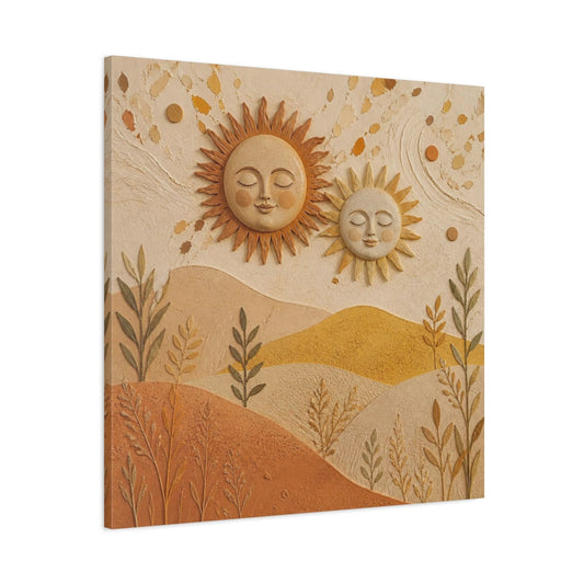 Main Mockup. Boho Sun Faces Landscape shown as canvas print