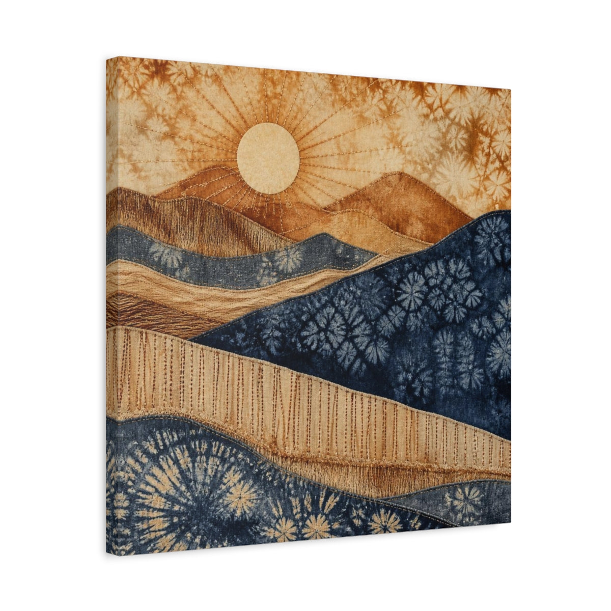Side Mockup 5. Boho Sunrise Indigo Hills shown as canvas print