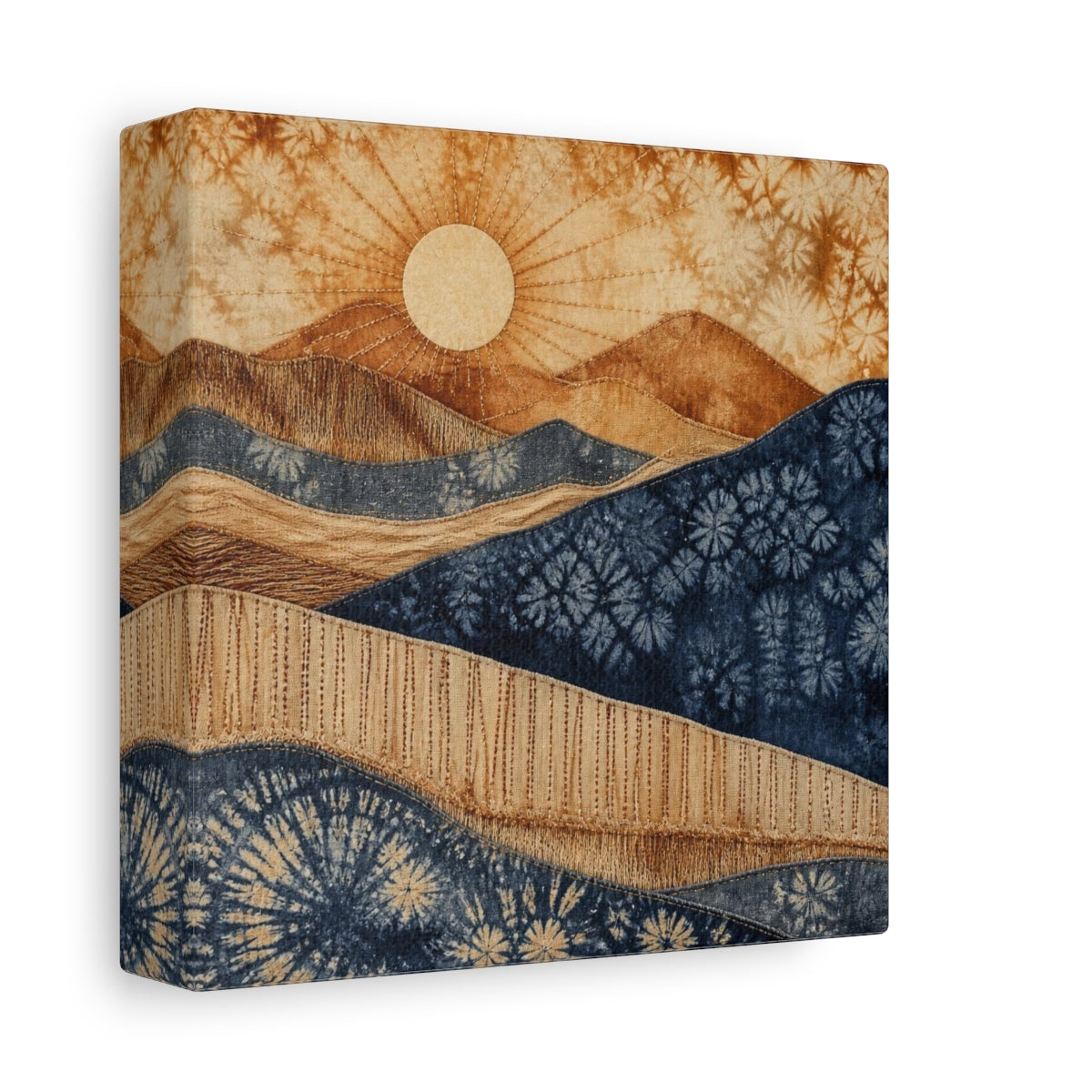 Side Mockup 2. Boho Sunrise Indigo Hills shown as canvas print