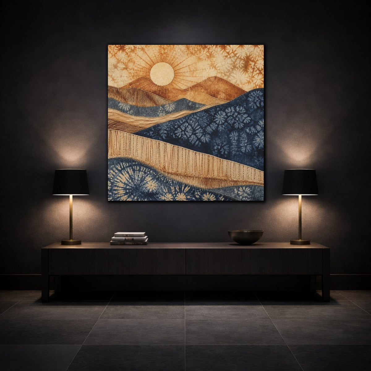 Mockup 3. Boho Sunrise Indigo Hills shown as canvas print