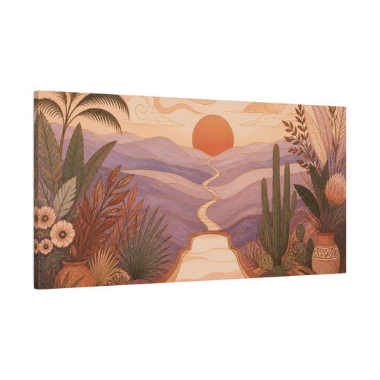Main Mockup. Boho Sunset Trail shown as canvas print
