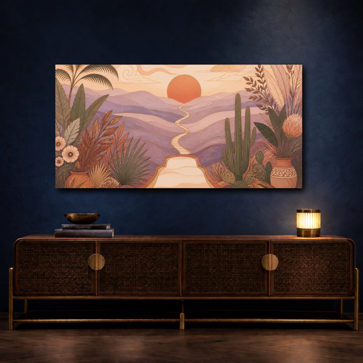 Mockup 4. Boho Sunset Trail shown as canvas print