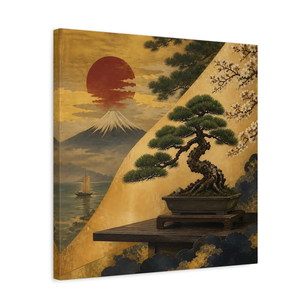Side Mockup 5. Bonsai By Mount Fuji shown as canvas print