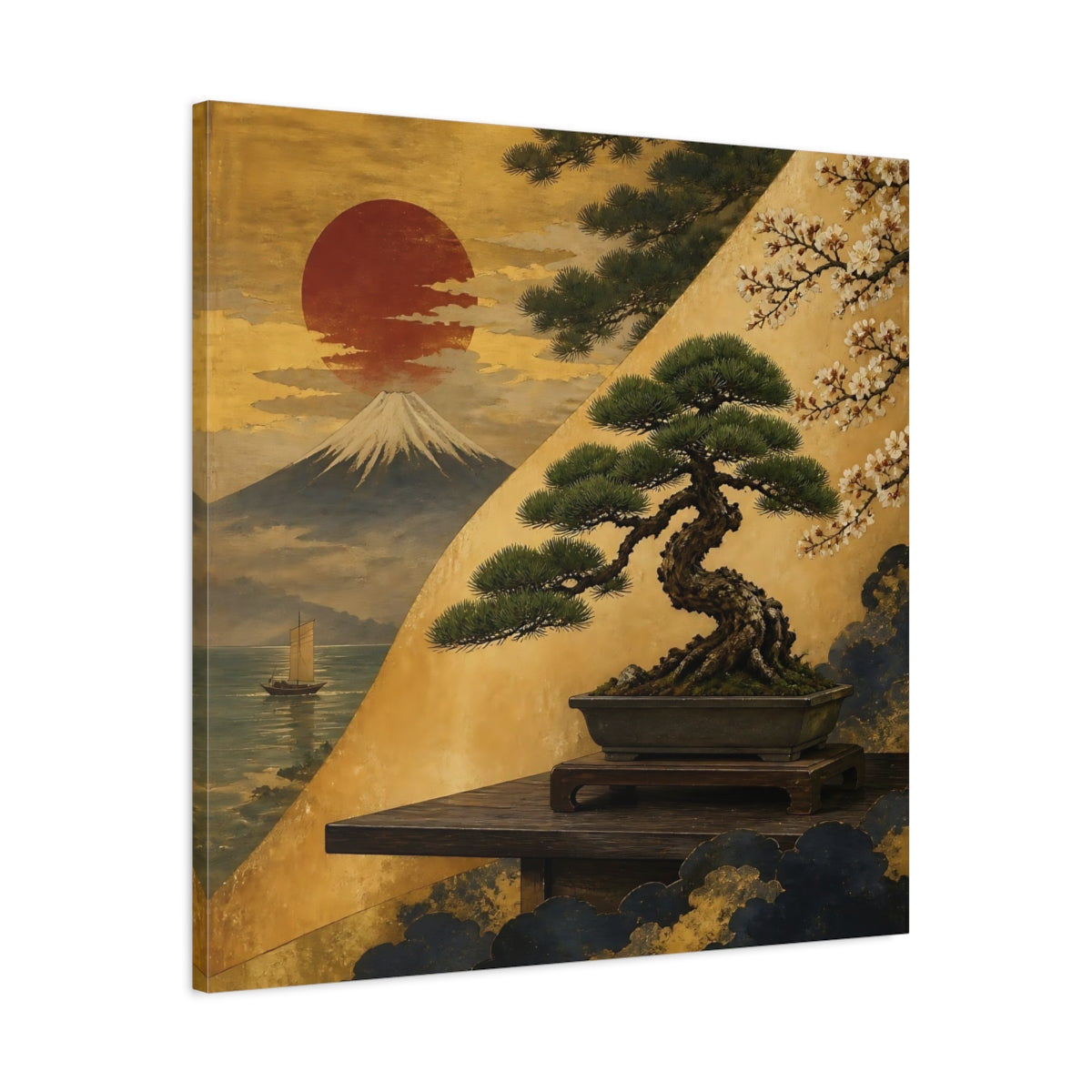 Side Mockup 3. Bonsai By Mount Fuji shown as canvas print