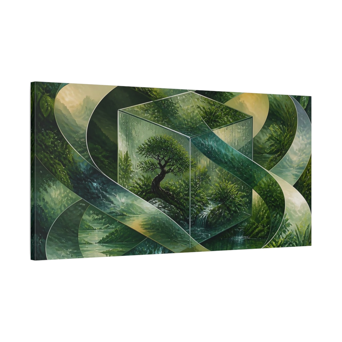 Main Mockup. Bonsai In Glass Cube shown as canvas print