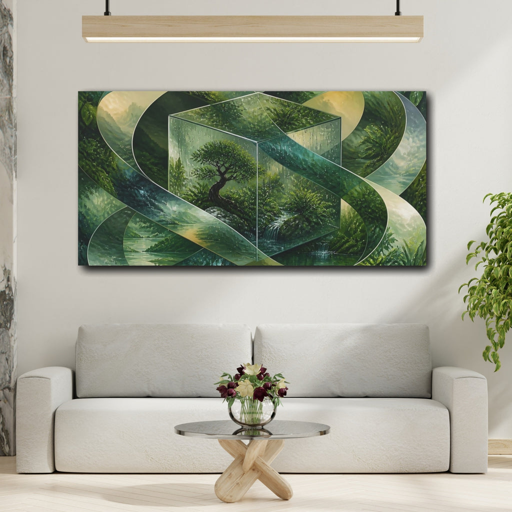 Mockup 2. Bonsai In Glass Cube shown as canvas print