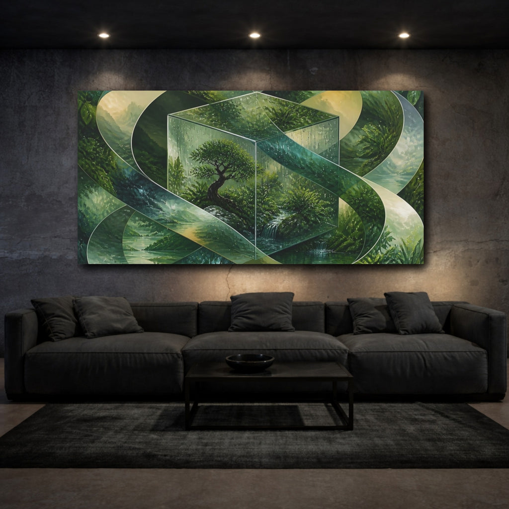 Mockup 3. Bonsai In Glass Cube shown as canvas print