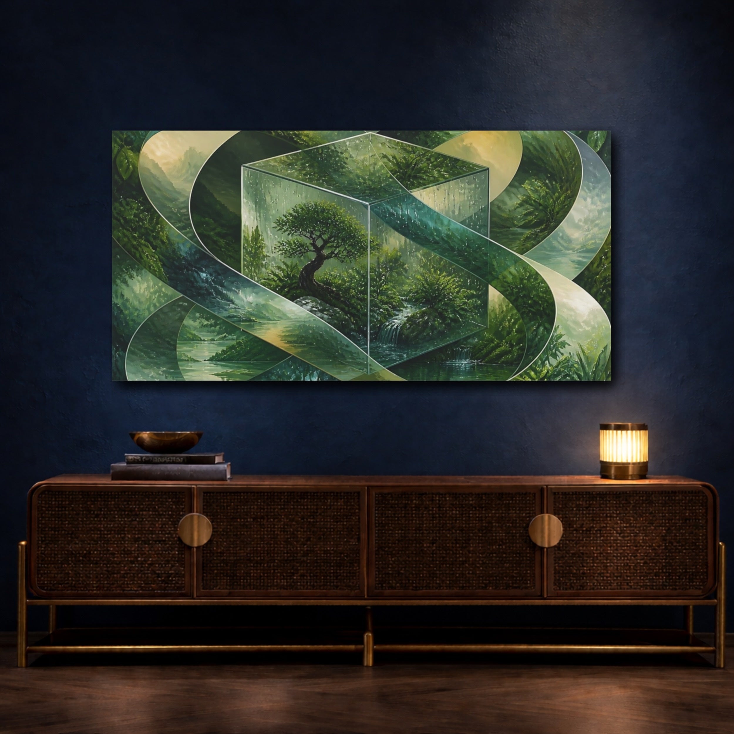 Mockup 4. Bonsai In Glass Cube shown as canvas print