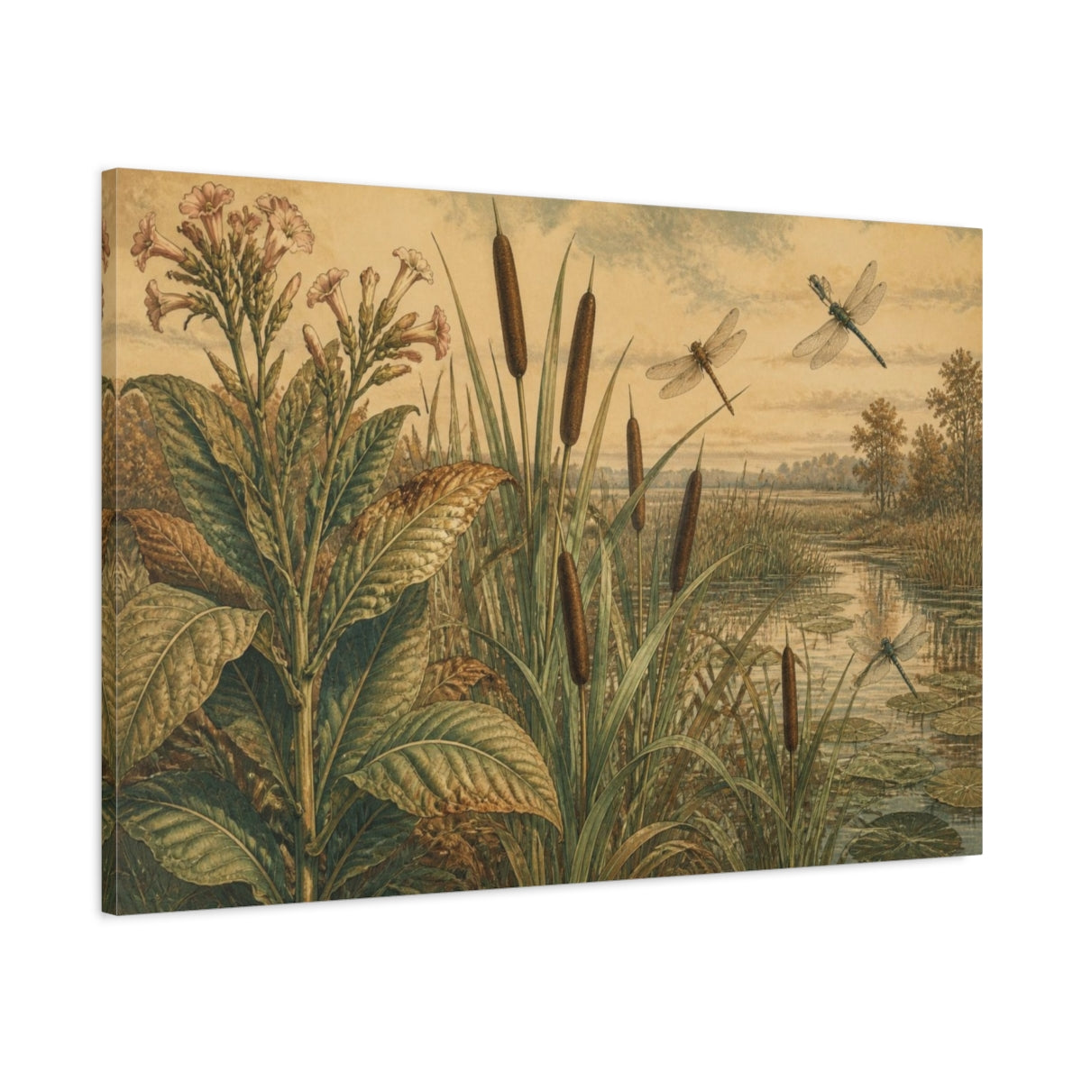 Main Mockup. Botanical Cattails And Dragonflies shown as canvas print