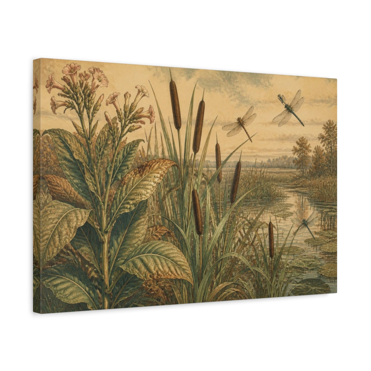 Side Mockup 3. Botanical Cattails And Dragonflies shown as canvas print