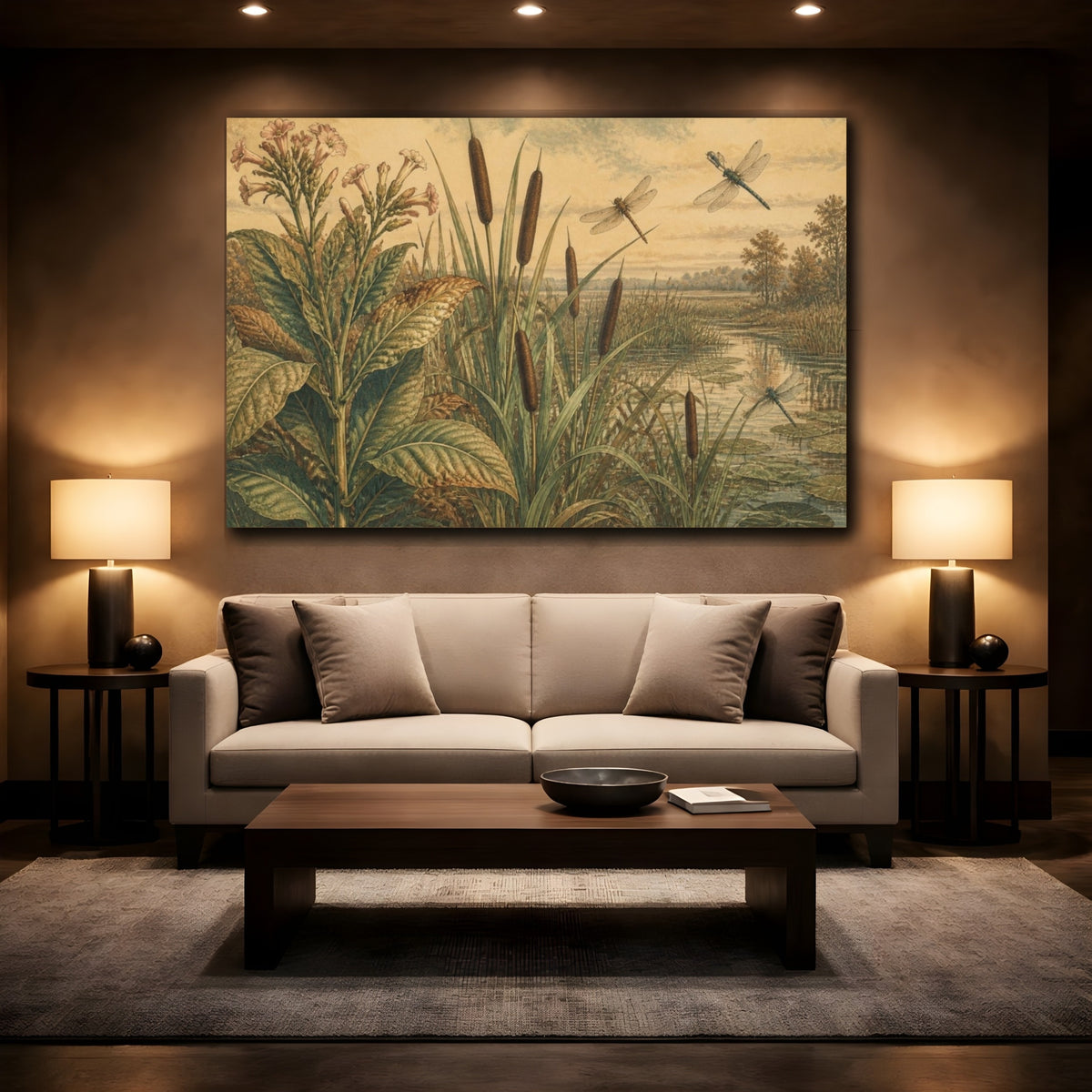 Mockup 2. Botanical Cattails And Dragonflies shown as canvas print