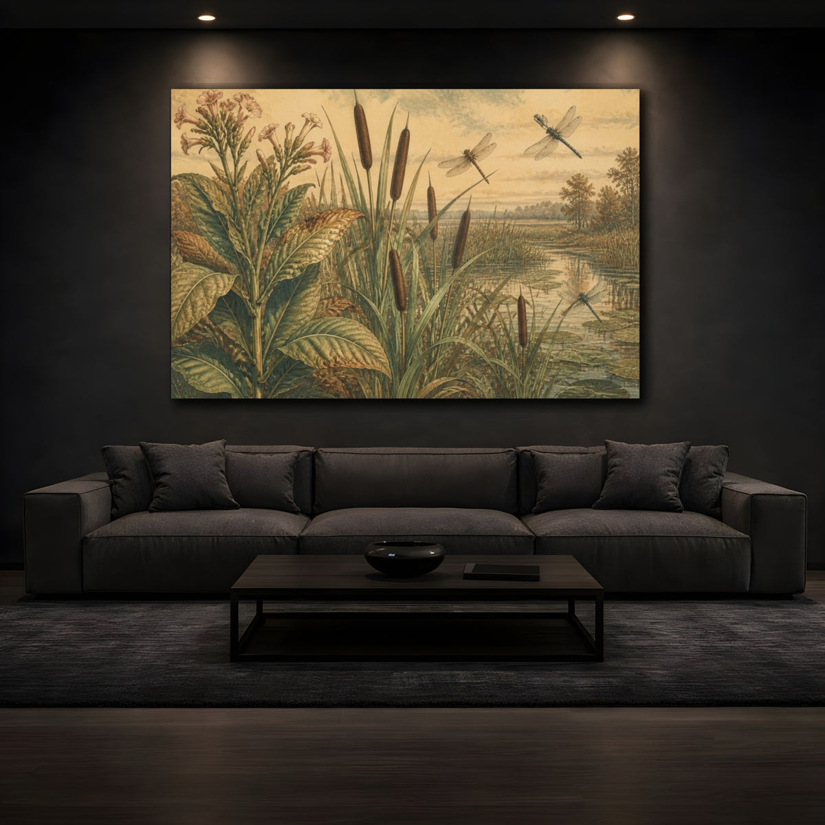 Mockup 3. Botanical Cattails And Dragonflies shown as canvas print