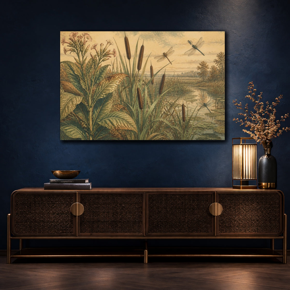 Mockup 4. Botanical Cattails And Dragonflies shown as canvas print