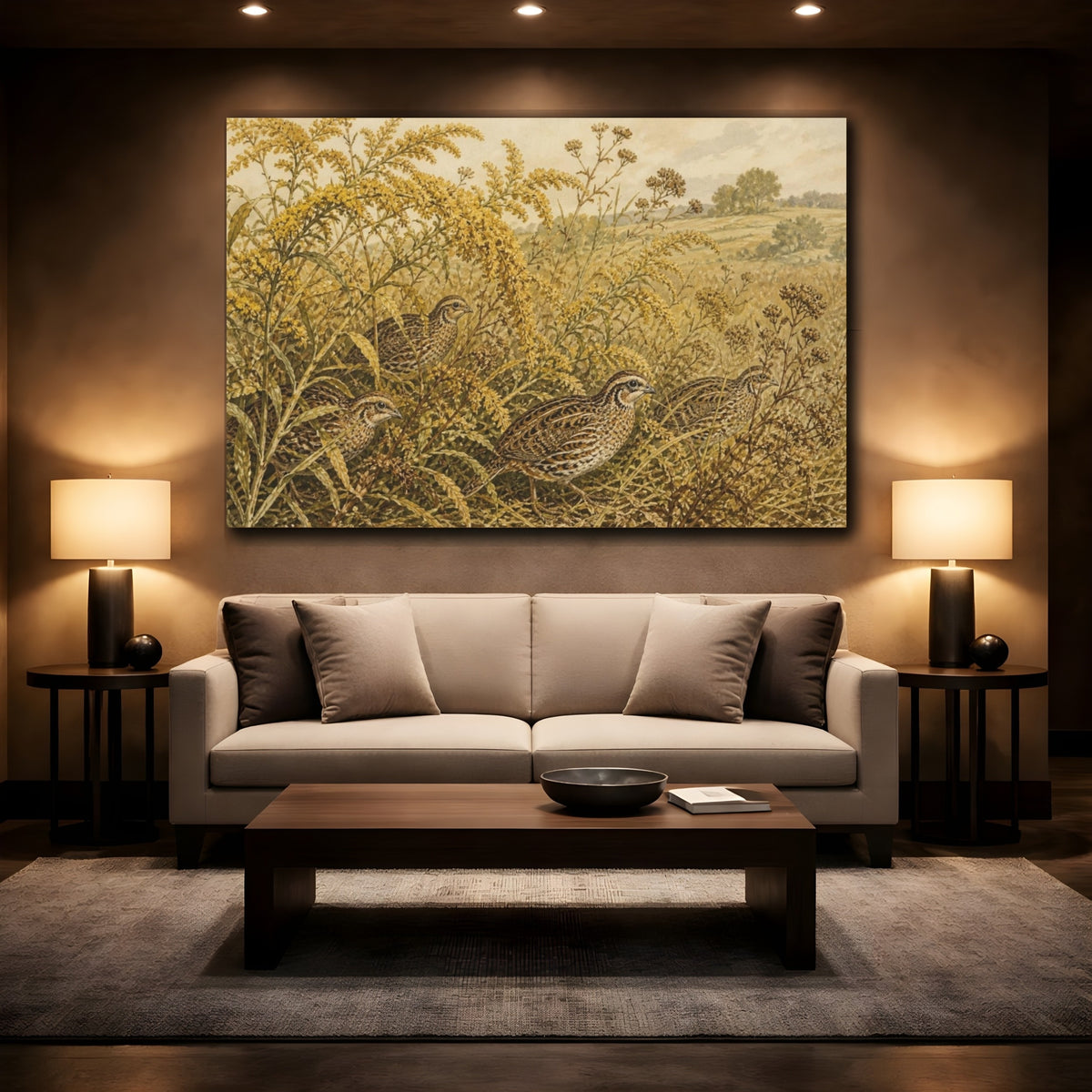 Mockup 2. Botanical Quail Among Goldenrod shown as canvas print