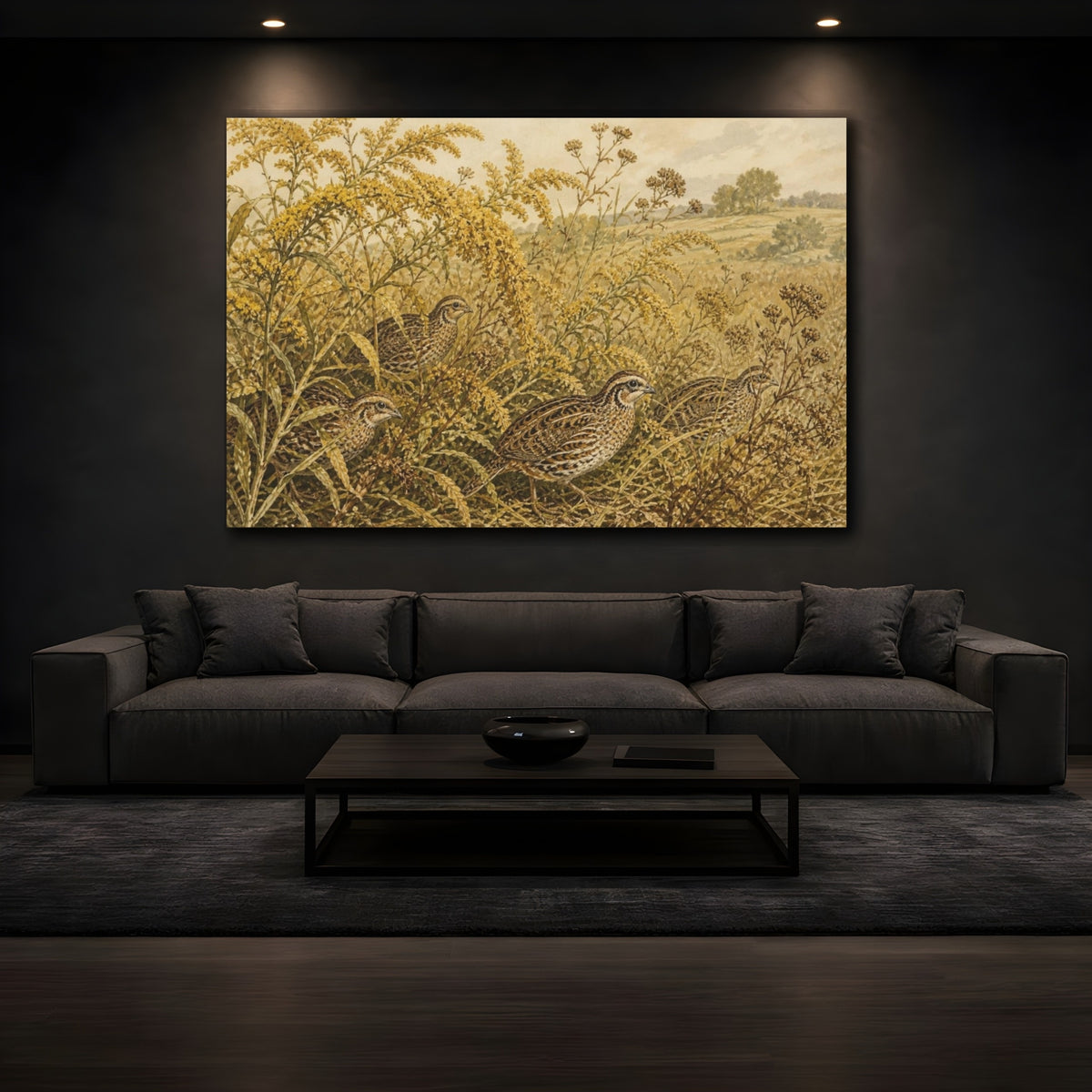 Mockup 3. Botanical Quail Among Goldenrod shown as canvas print