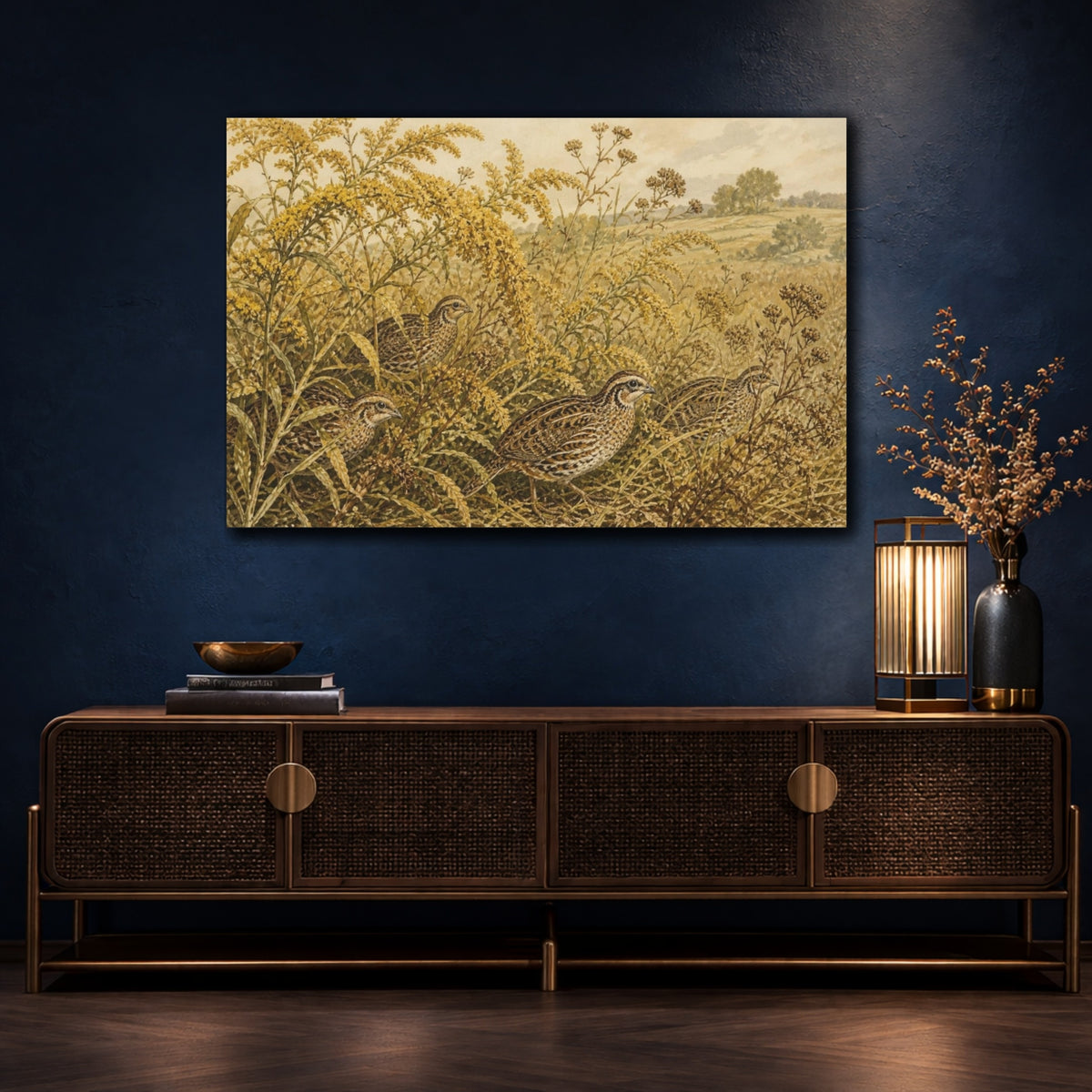 Mockup 4. Botanical Quail Among Goldenrod shown as canvas print