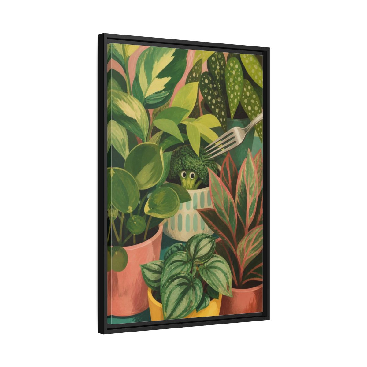 Side Mockup 14. Broccoli Hideaway shown as framed canvas print