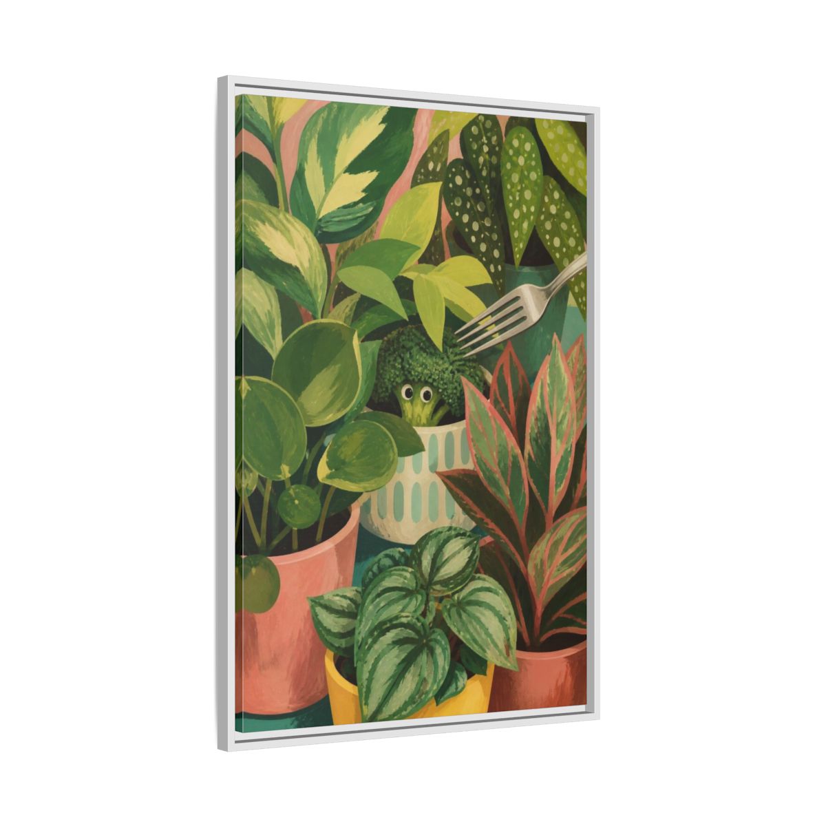 Side Mockup 9. Broccoli Hideaway shown as framed canvas print