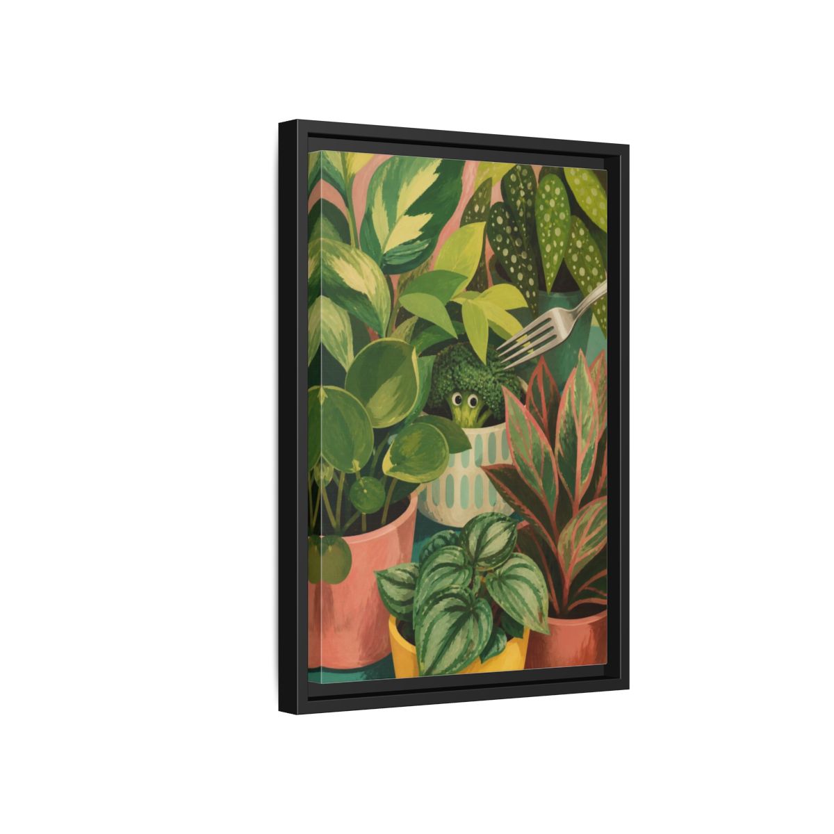 Side Mockup 6. Broccoli Hideaway shown as framed canvas print