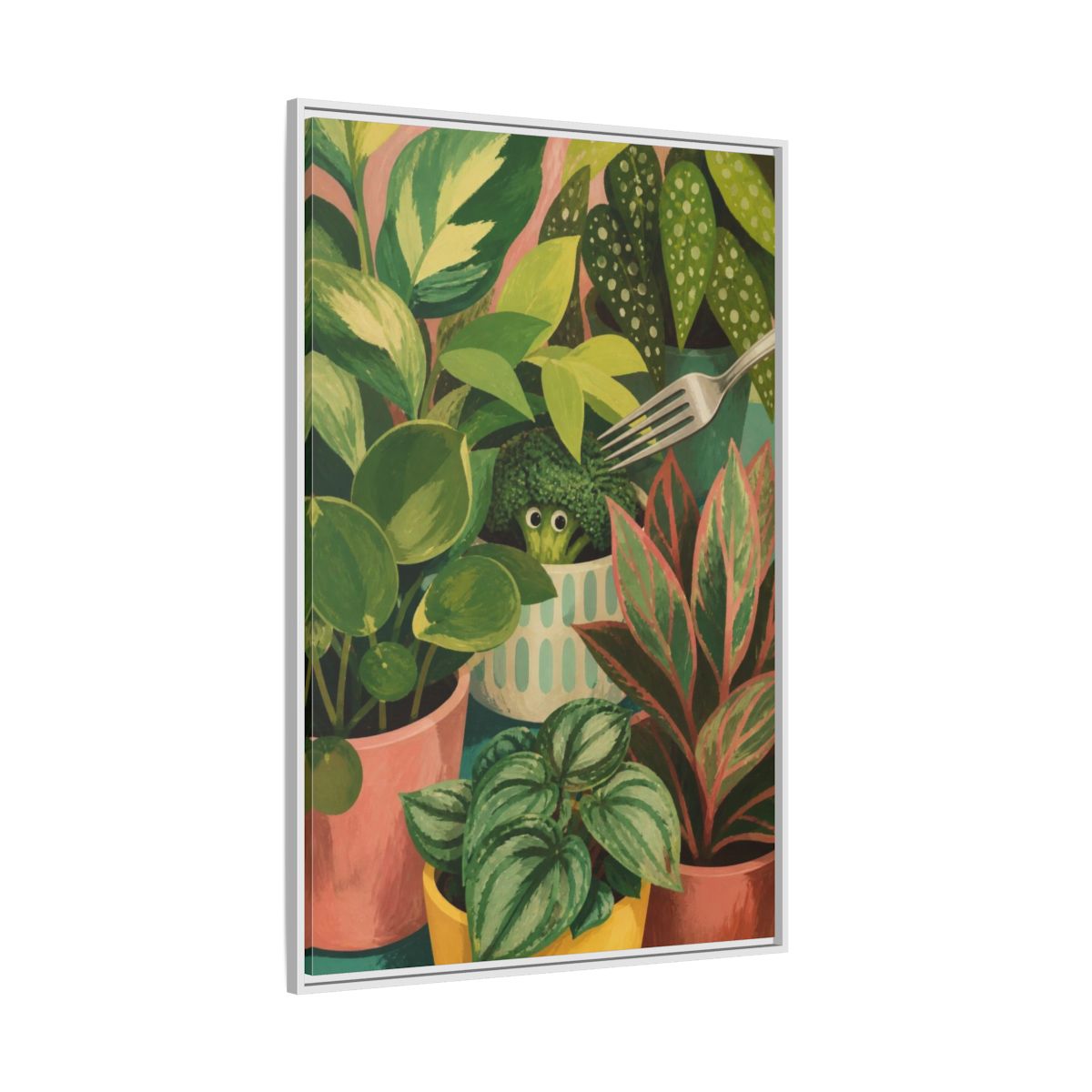 Side Mockup 7. Broccoli Hideaway shown as framed canvas print