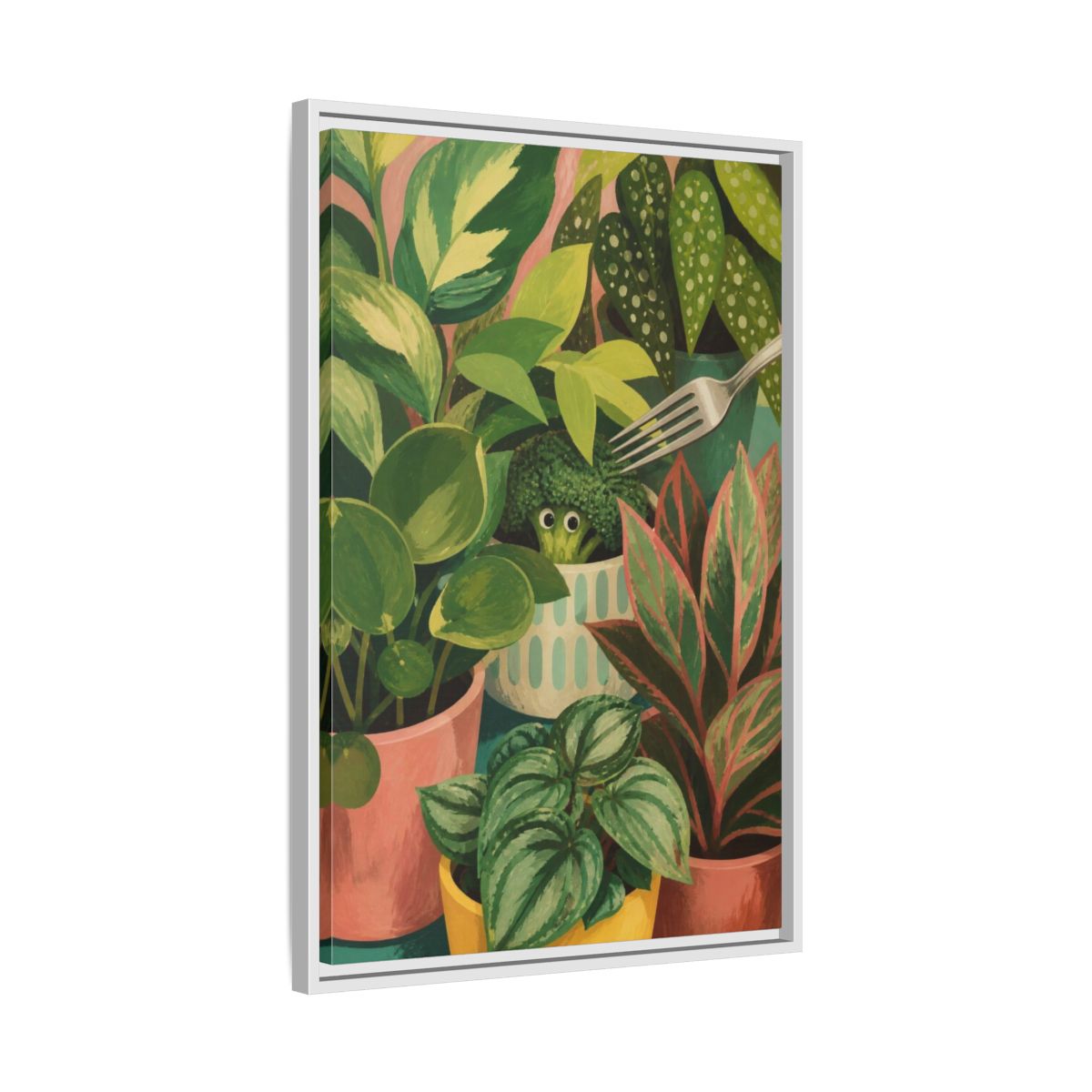 Side Mockup 10. Broccoli Hideaway shown as framed canvas print