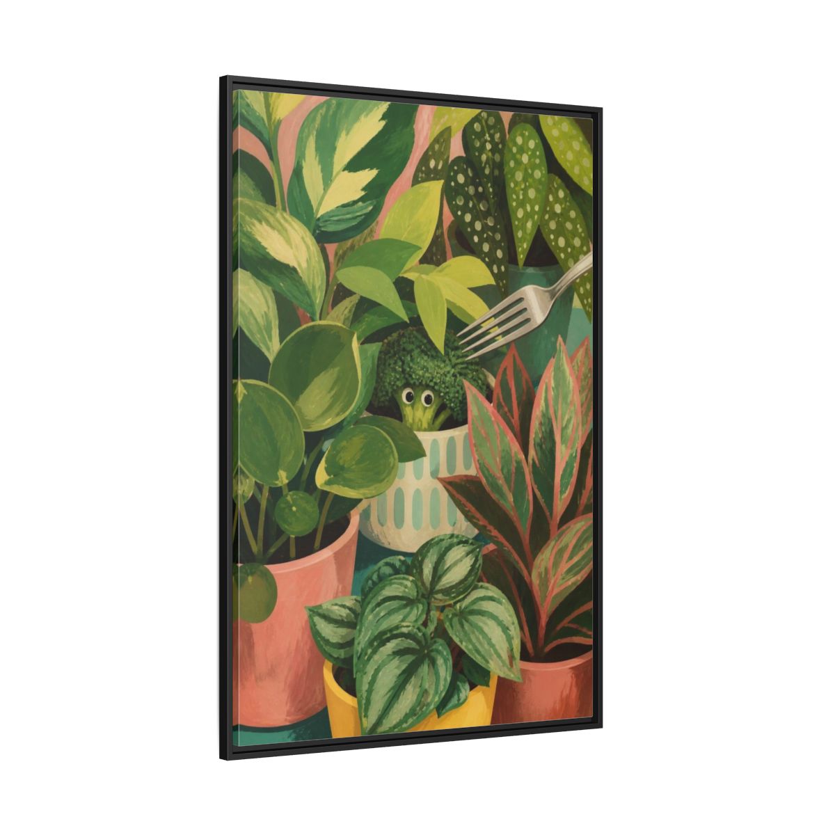 Side Mockup 12. Broccoli Hideaway shown as framed canvas print