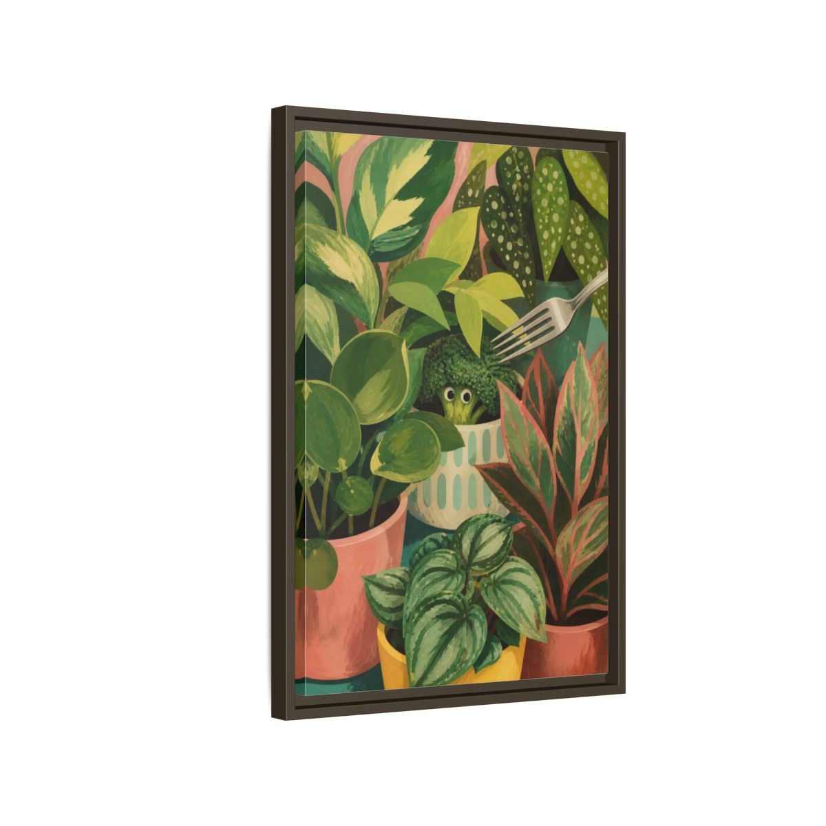 Side Mockup 2. Broccoli Hideaway shown as framed canvas print
