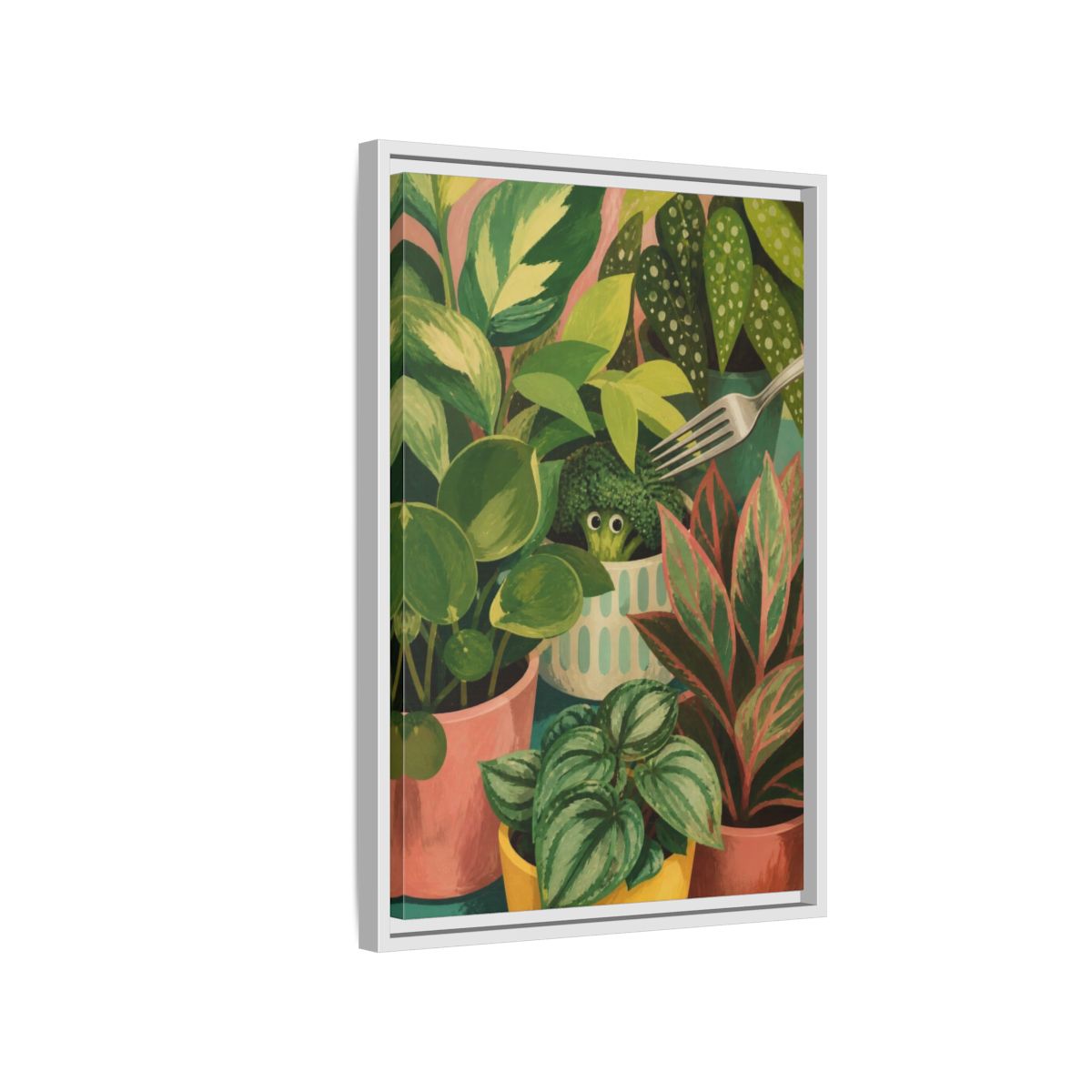 Side Mockup 1. Broccoli Hideaway shown as framed canvas print