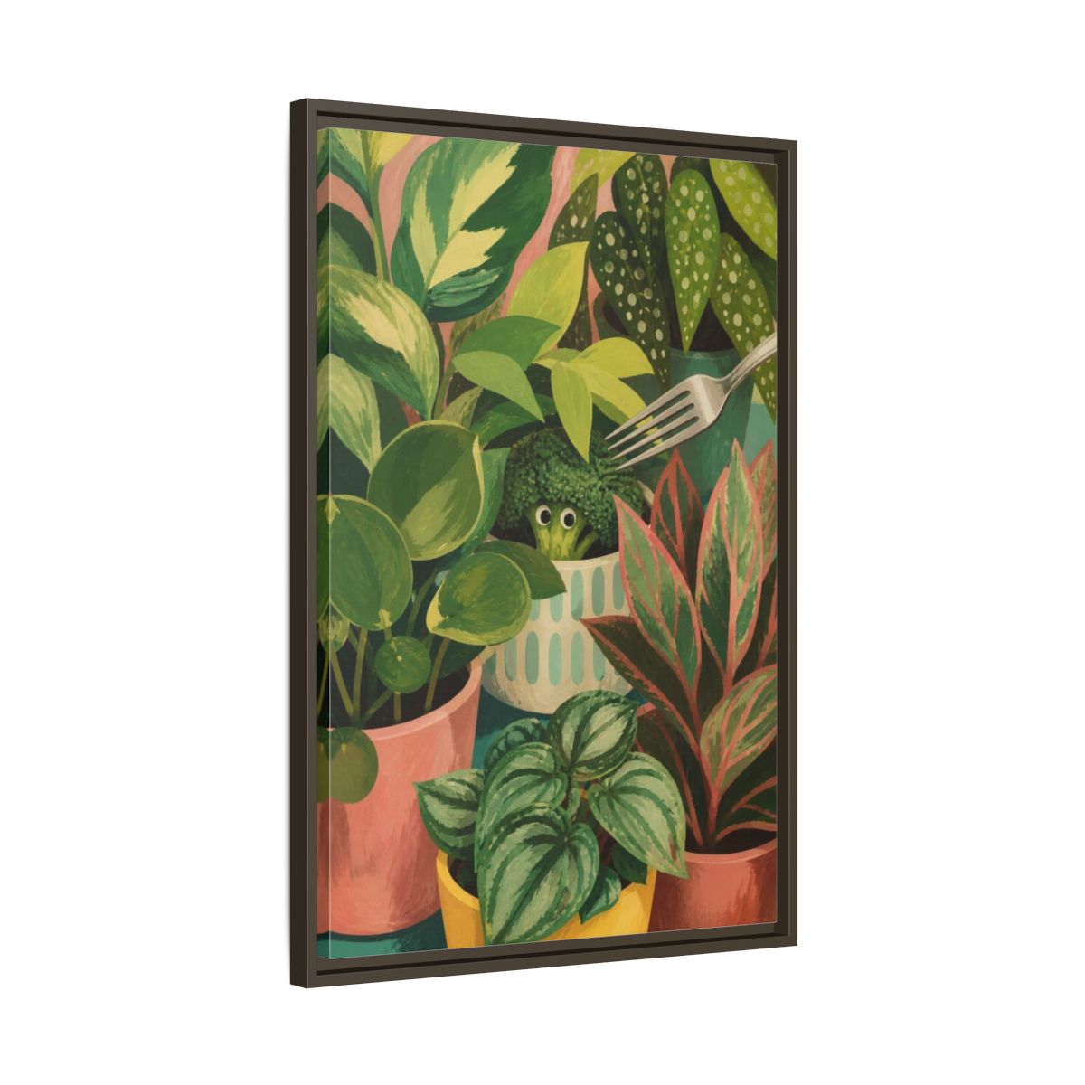 Side Mockup 11. Broccoli Hideaway shown as framed canvas print