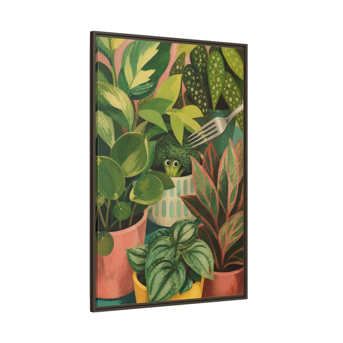 Side Mockup 8. Broccoli Hideaway shown as framed canvas print