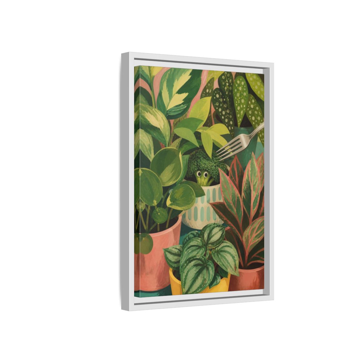 Side Mockup 4. Broccoli Hideaway shown as framed canvas print