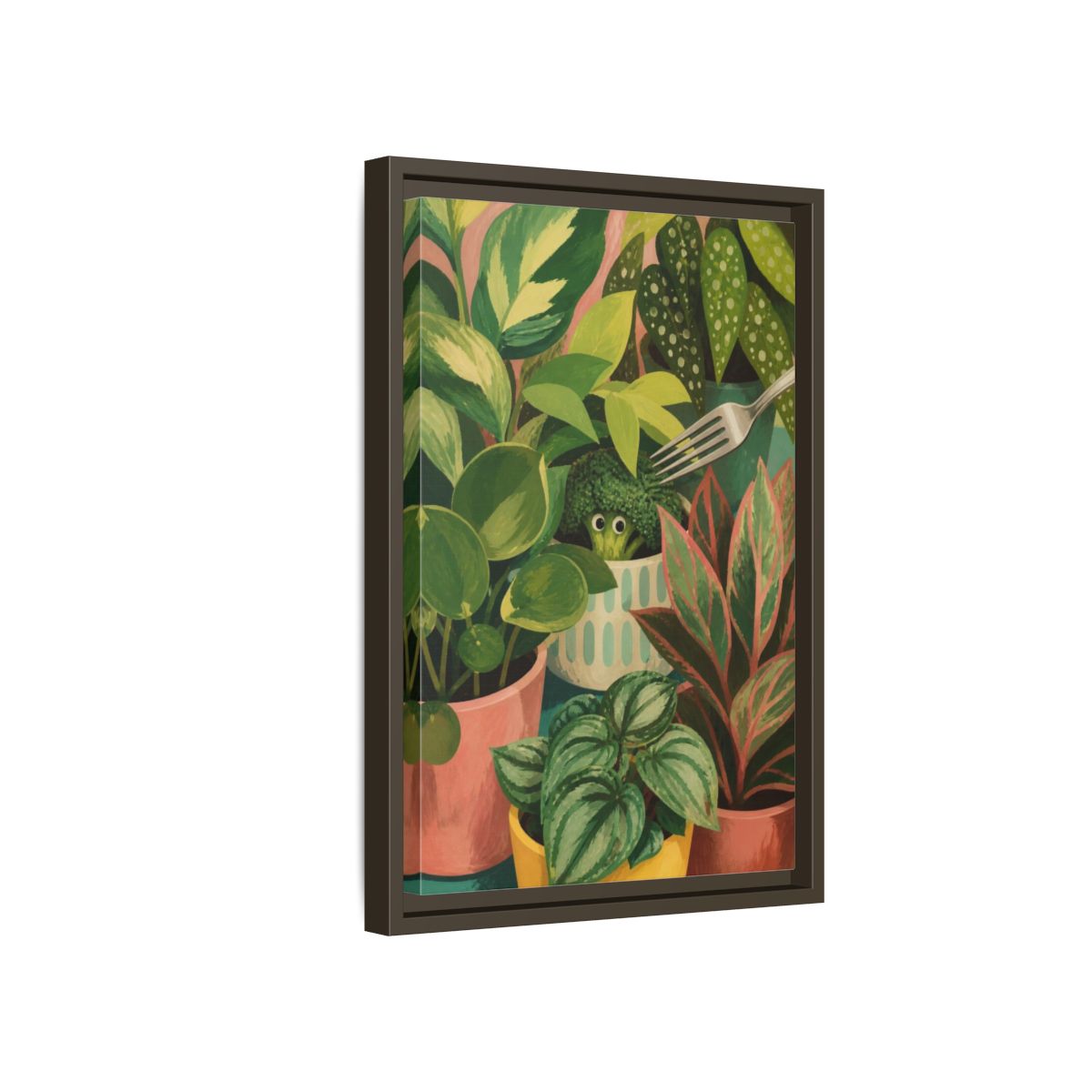 Side Mockup 5. Broccoli Hideaway shown as framed canvas print