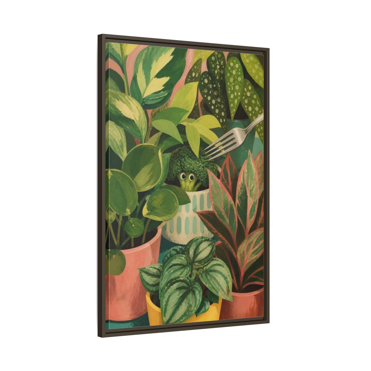Main Mockup. Broccoli Hideaway shown as framed canvas print