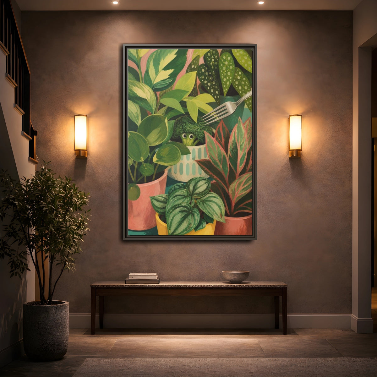 Mockup 2. Broccoli Hideaway shown as framed canvas print