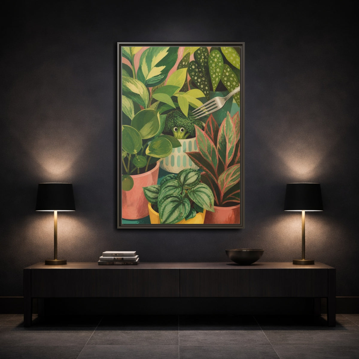 Mockup 3. Broccoli Hideaway shown as framed canvas print