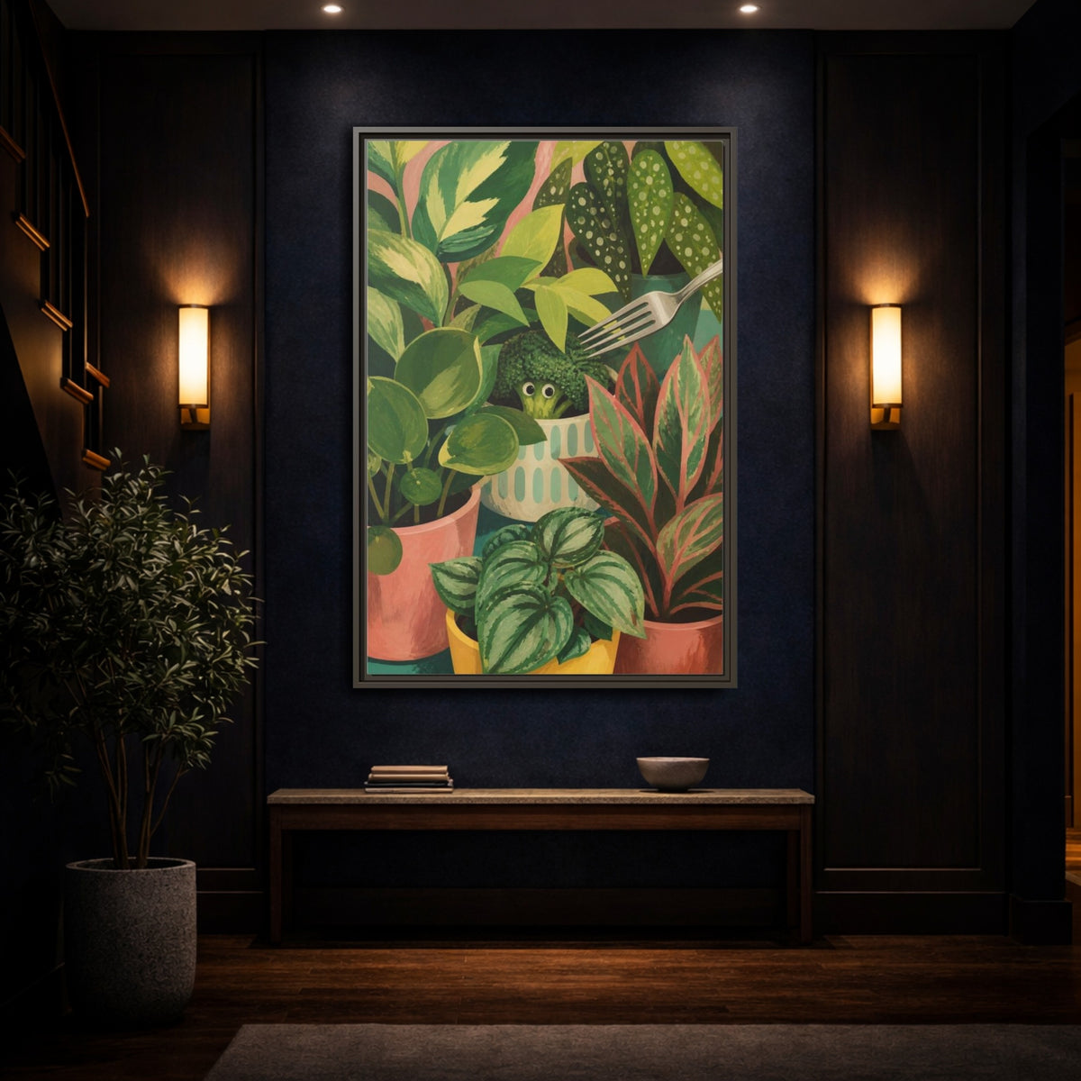 Mockup 4. Broccoli Hideaway shown as framed canvas print