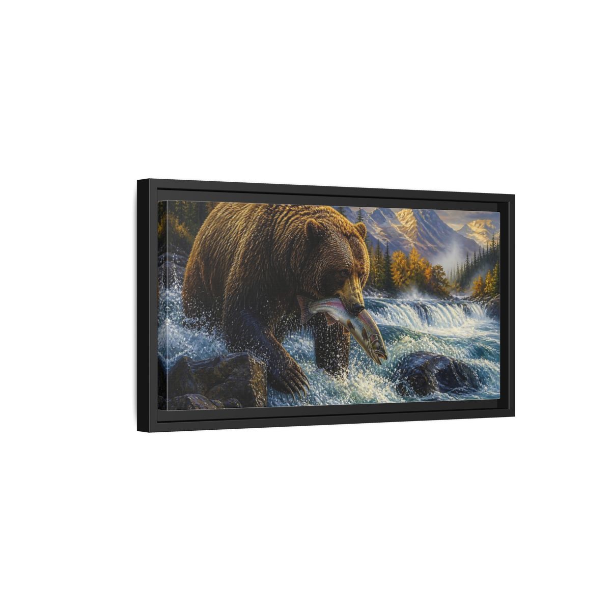 Side Mockup 8. Brown Bear Catching Salmon shown as framed canvas print