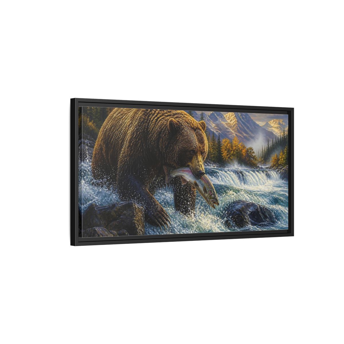 Side Mockup 2. Brown Bear Catching Salmon shown as framed canvas print
