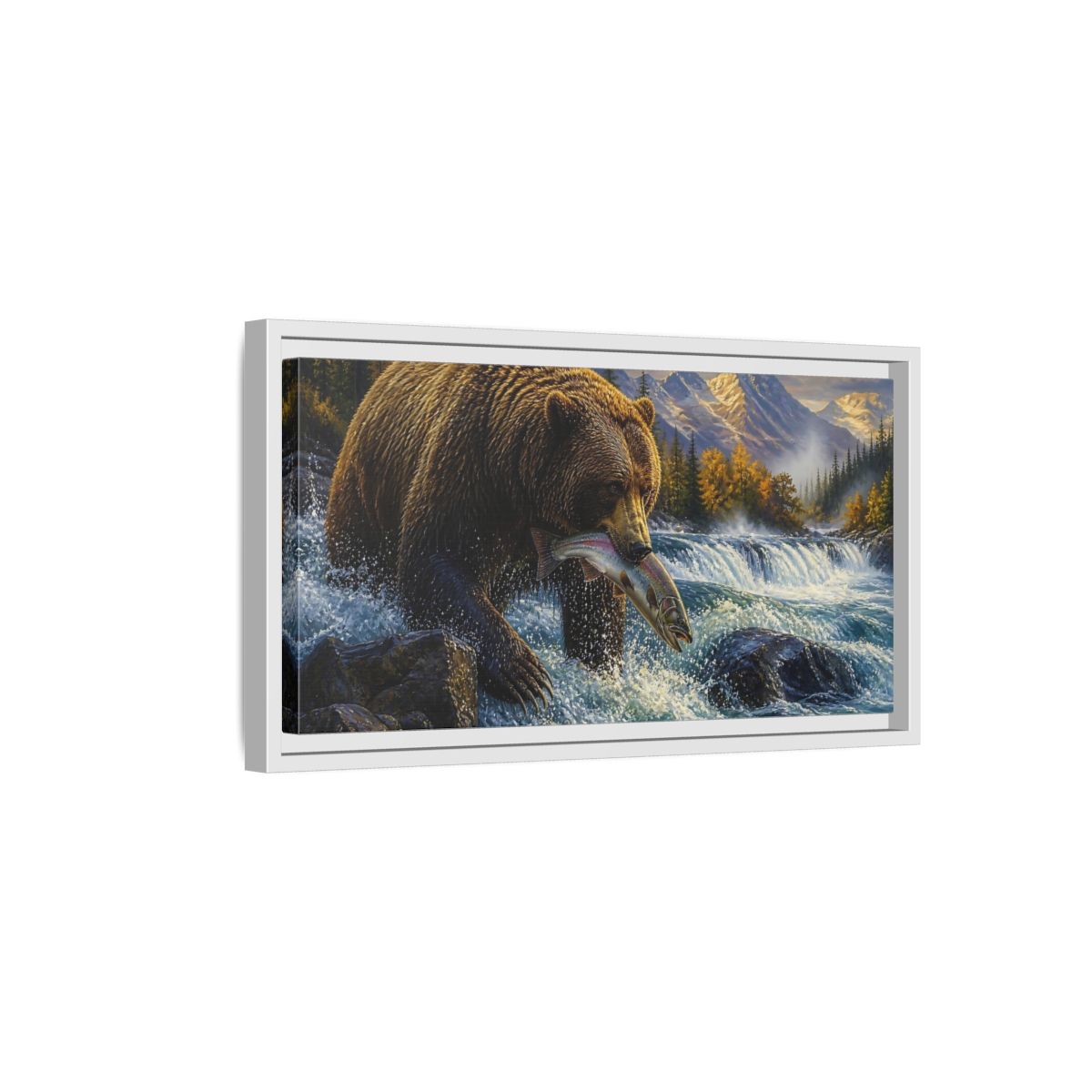 Side Mockup 6. Brown Bear Catching Salmon shown as framed canvas print