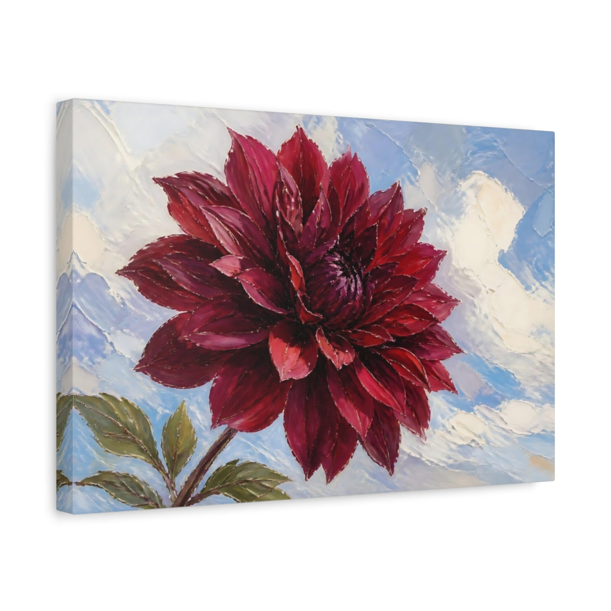 Side Mockup 4. Burgundy Dahlia Blossom shown as canvas print