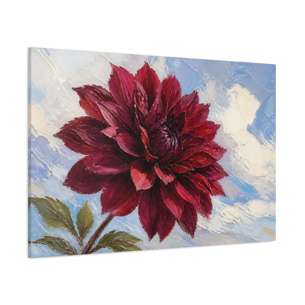 Side Mockup 1. Burgundy Dahlia Blossom shown as canvas print