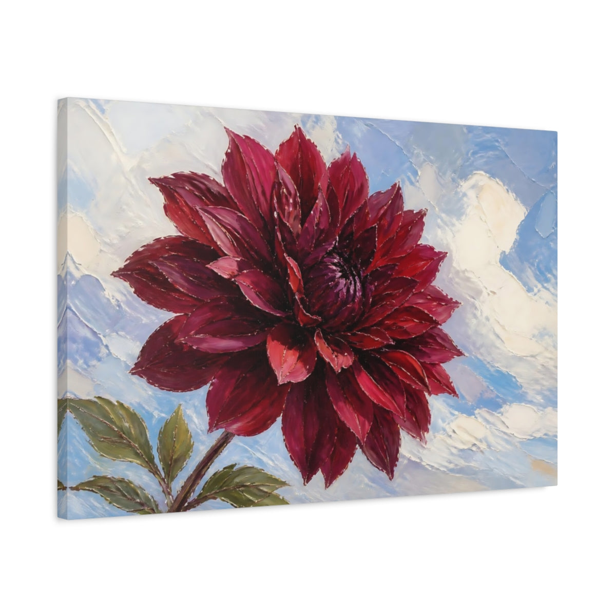 Side Mockup 2. Burgundy Dahlia Blossom shown as canvas print