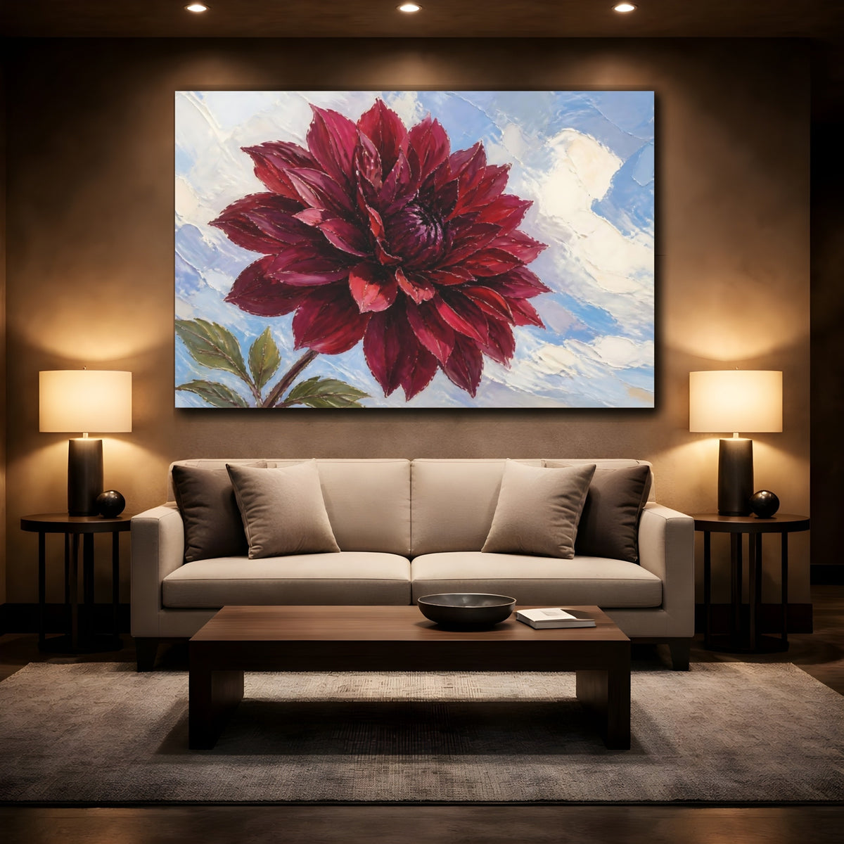 Mockup 2. Burgundy Dahlia Blossom shown as canvas print