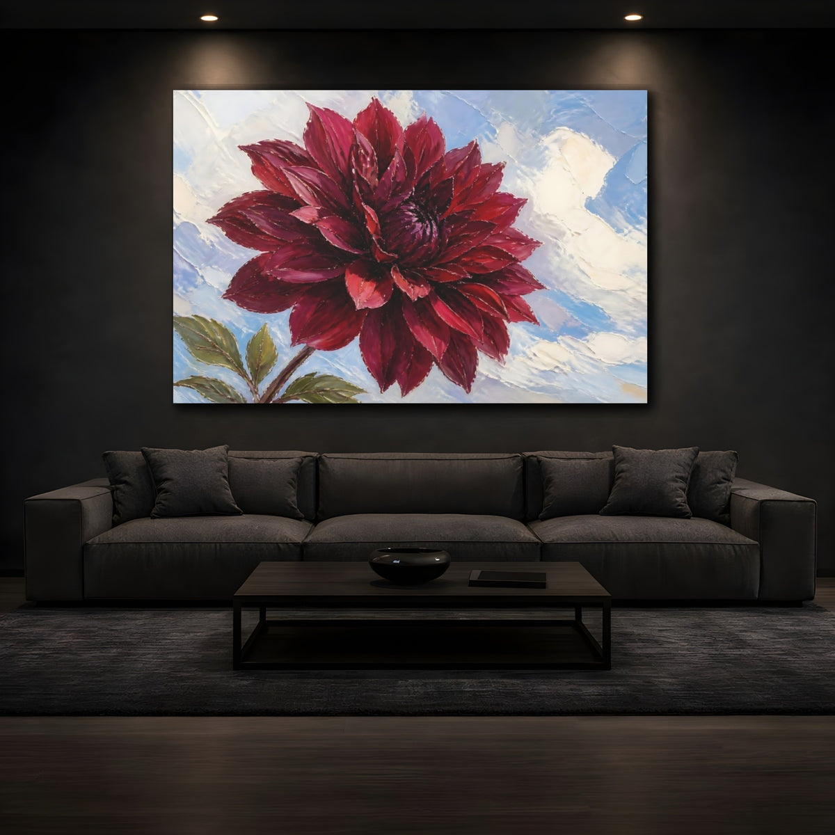 Mockup 3. Burgundy Dahlia Blossom shown as canvas print
