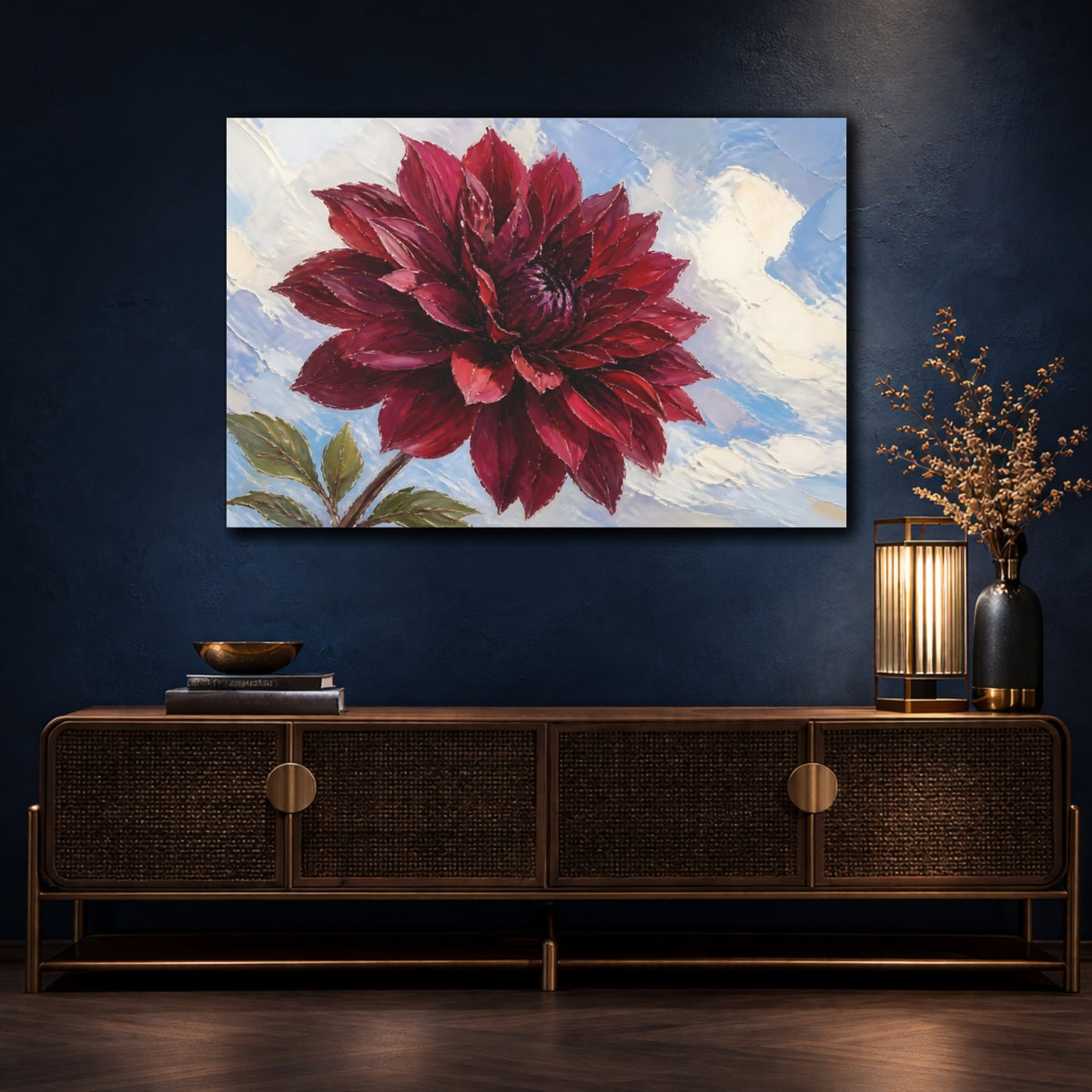 Mockup 4. Burgundy Dahlia Blossom shown as canvas print
